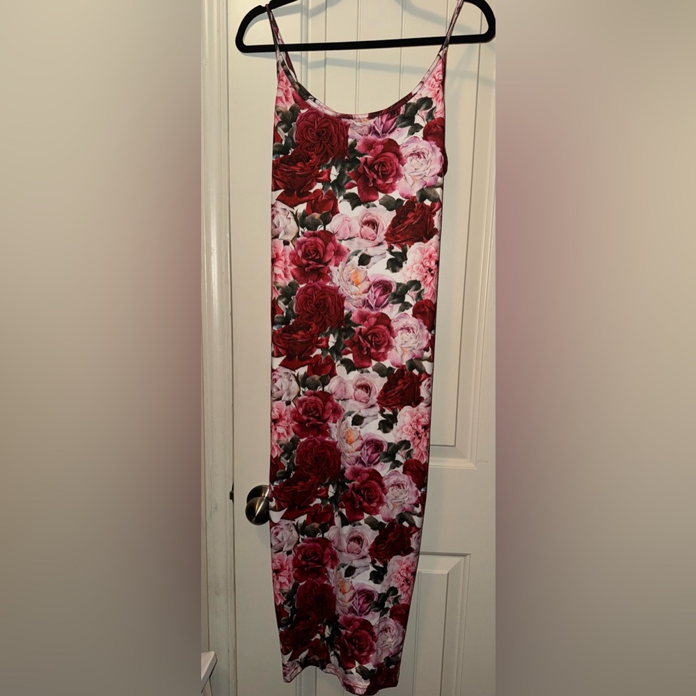 Shein NWT Red Pink Floral Print Crew Neck Sleeveless Pullover Midi Dress Size L